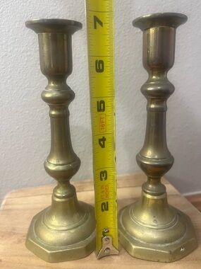 Vtg PAIR Of Brass Candlesticks baluster-form stems & octagonal bases RARE
